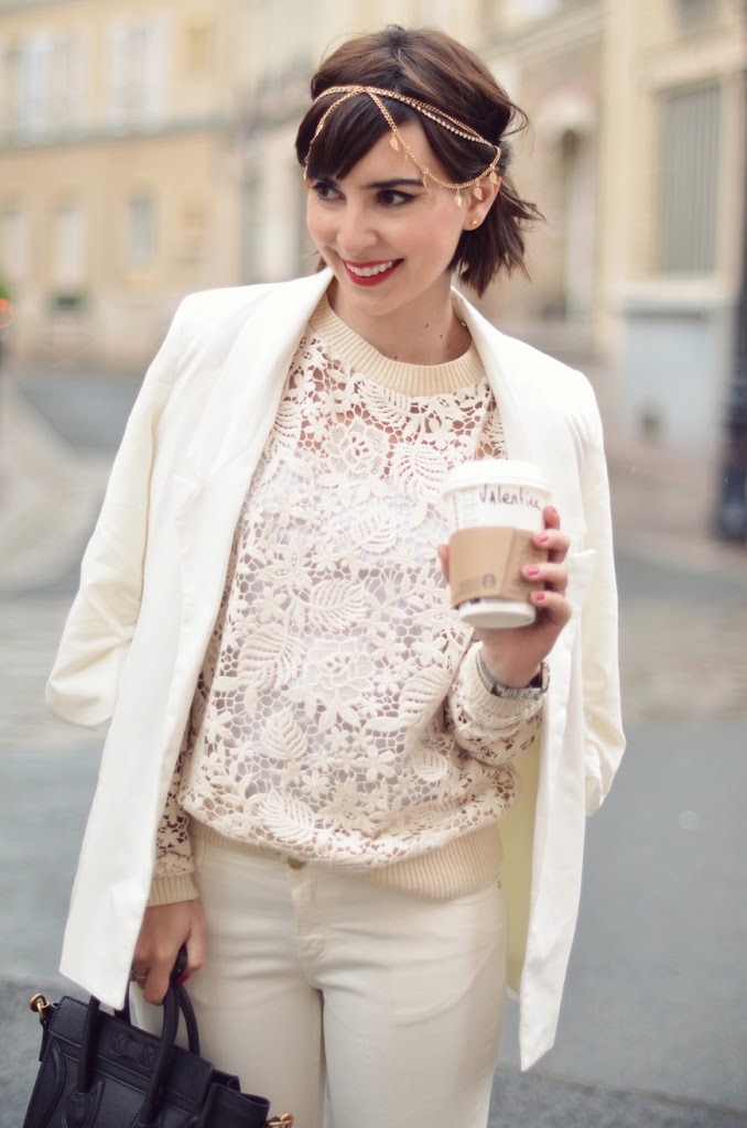 Chaï tea latte Helloitsvalentine streetstyle white lace sweater H&M Trend Anniel