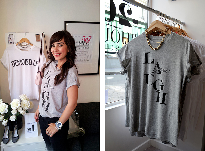 Hello it's Valentine ♥ Ma Demoiselle Pierre collab blogeuse créatrice bijoux t-shirt lettering Laugh is all you need