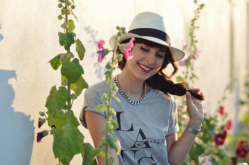 LAUGH is all you need t-shirt Hello it's Valentine collab Ma Demoiselle Pierre lettering outfit streetstyle ile de Ré bicycle vélo panama hat