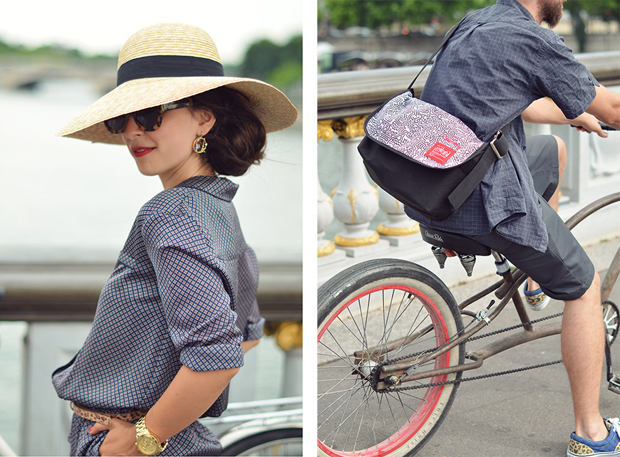 Gabina hat chapeau capeline paille Les Néréides boucles d'oreilles Amoureux à Paris Hello it's Valentine Manhattan Portage x Keith Haring messenger bag bike Paris