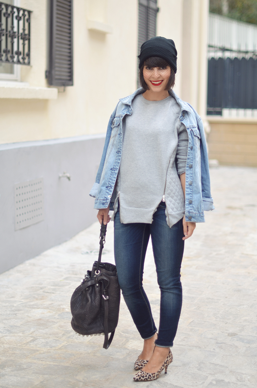 DAZED AND AMUSED 4thandBleeker X Billabong denim jacket Pimkie Camille over the rainbow gris sweat sweater zippé bonnet voilette kitten leopard heels talons Alexander Wang Diego bucket bag Helloitsvalentine