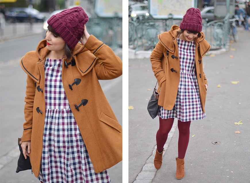 streetstyle Hello it's Valentine french fashion blogger Paris autumn fall duffle coat beanie dress boots